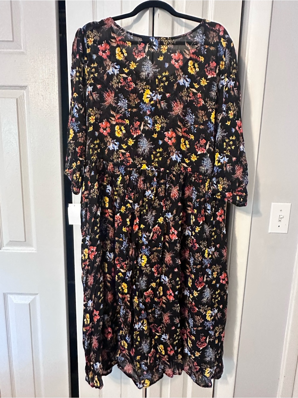 Woman Within Black Floral Casual Dress with Pink Yellow Blue Accents